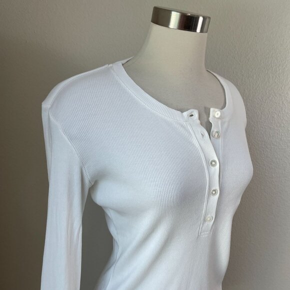 Theory Womens Large White Long Sleeve Henley Shirt Ribbed Stretch Top - Picture 2 of 8